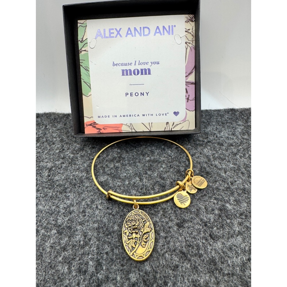 Alex and Ani Mom Peony Charm Bangle Bracelet Rafaelian Gold Finish Adjustable